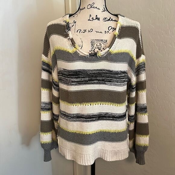 Lou & Grey Multi Color Striped Distressed Pullover Sweater Casual Cozy Boho - Picture 1 of 9